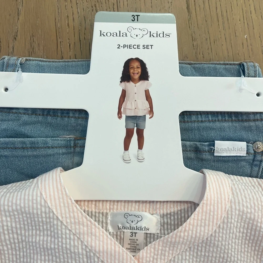 NWT Koala Kids Toddler Girl 3T Short Set Pink Seersucker Lace Summer Jean - Picture 8 of 9